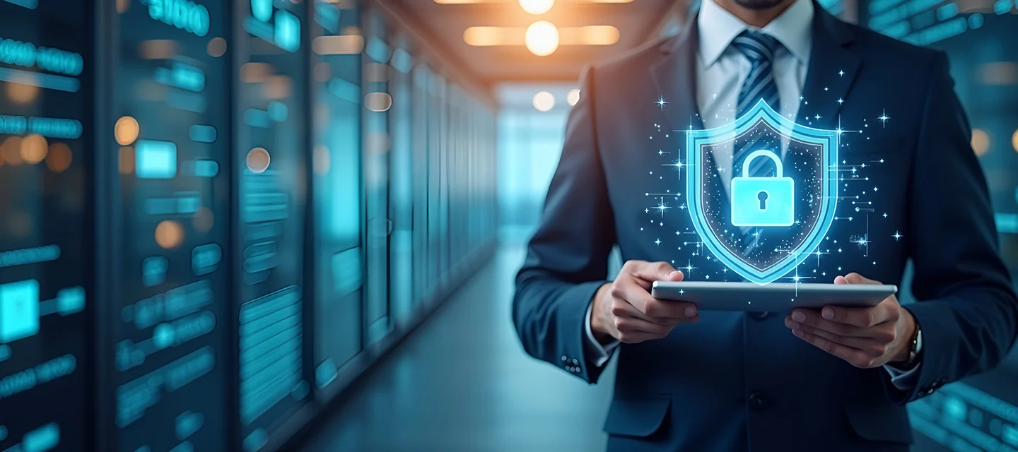 Ein Mann in Business-Kleidung steht in einem technisch anmutenden Flur mit Server-Racks.